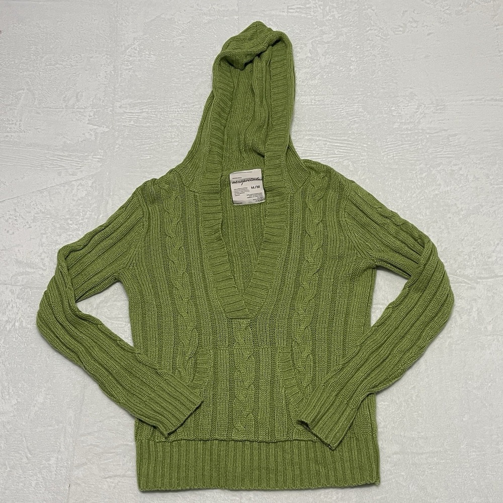 Vintage Y2K Aeropostale Hooded Button Up VNeck Cable Knit Kangaroo Pocket Medium - Picture 1 of 10